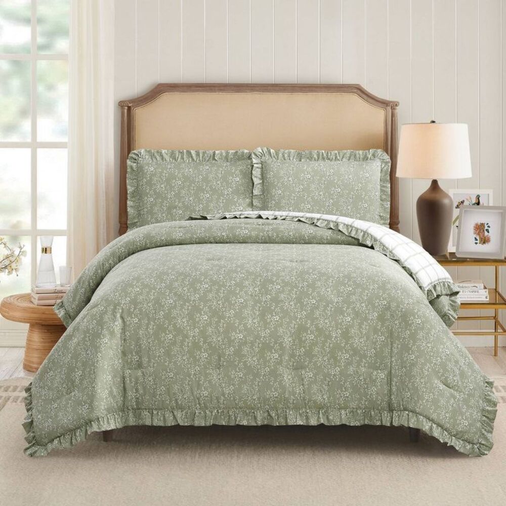Modern Heirloom -  3pc Full/Queen Floral Ruffle Comfo Green